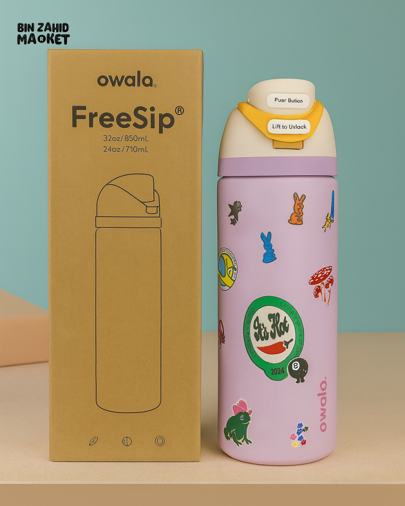 OWALA FREESIP 24OZ WATER BOTTLE - PASTLE PURPLE FUN STICKERS