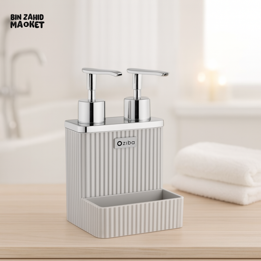OZIBA DUAL SOAP & LOTION DISPENSER – CHROME PUMPS RIBBED BODY - GREY