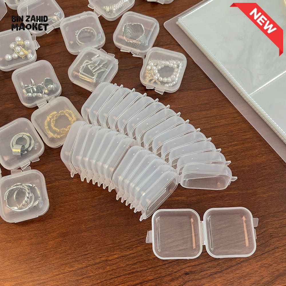 PACK OF 10 – MINI PLASTIC SQUARE JEWELRY BOXES – PORTABLE TRANSPARENT STORAGE CASE FOR EARRINGS PILLS & EARPLUGS