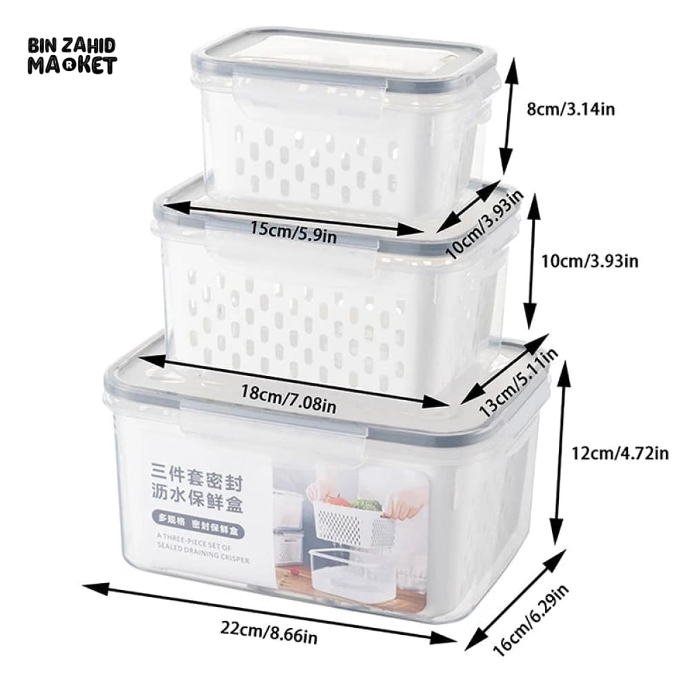 PACK OF 3 FOOD PRESERVATION BOX WITH DRAIN BASKET