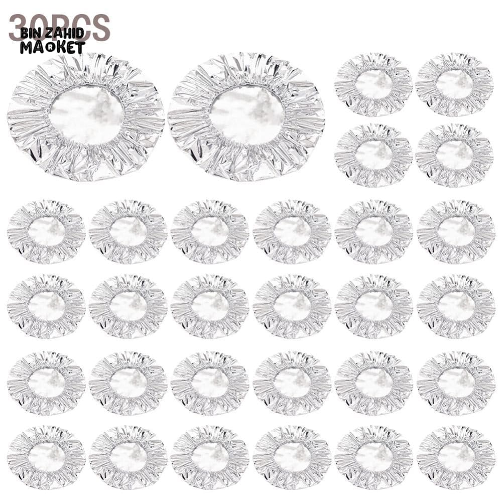 PACK OF 30 FOOD GRADE ALUMINUM FOIL COVERS – REUSABLE FOOD INSULATION & STORAGE LIDS FOR COOKING AND KITCHEN USE