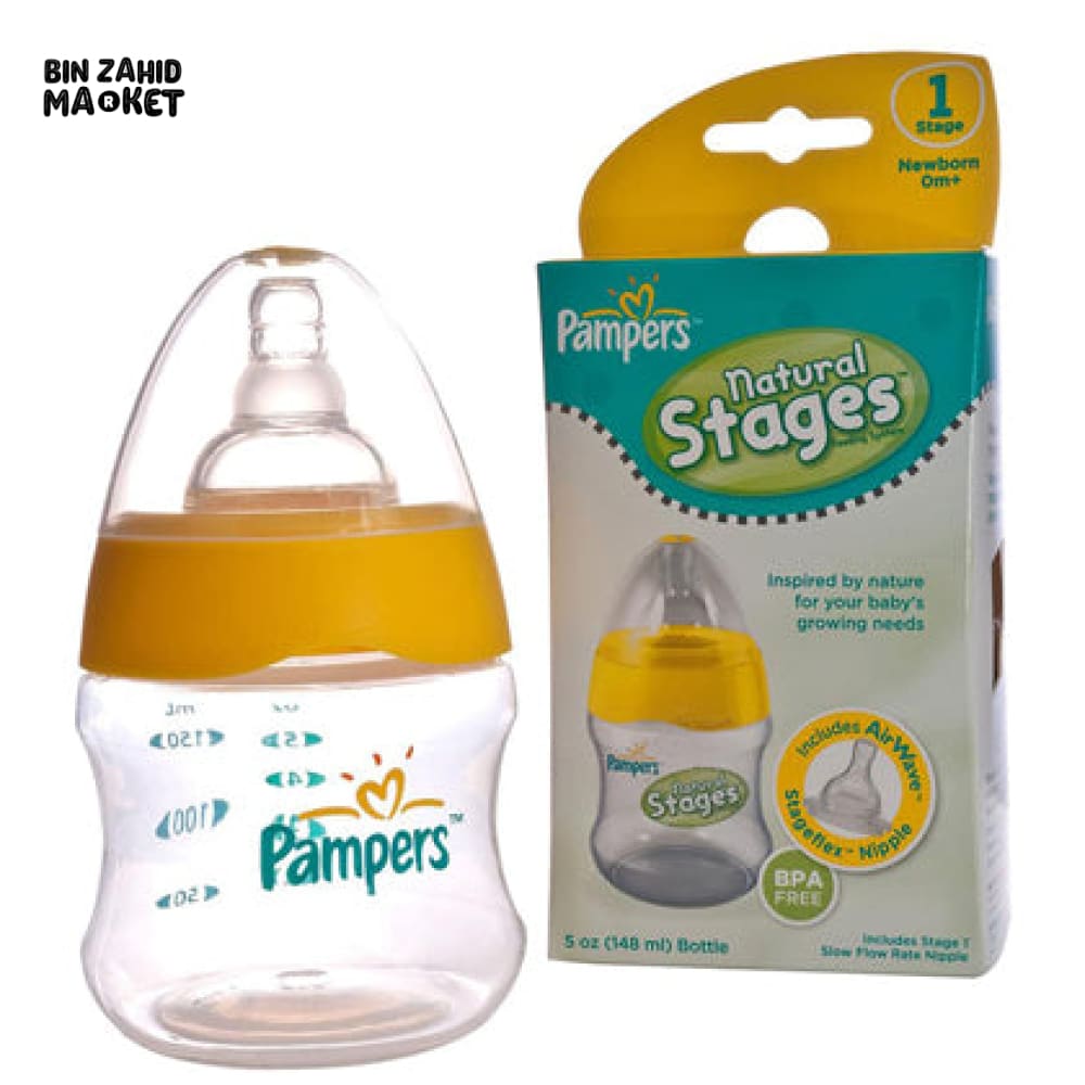 PAMPERS NATURAL STAGES FEEDING BOTTLE 148ML 5OZ AIR WAVE VENTING TECHNOLOGY ANTI-COLIC BABY FEEDER