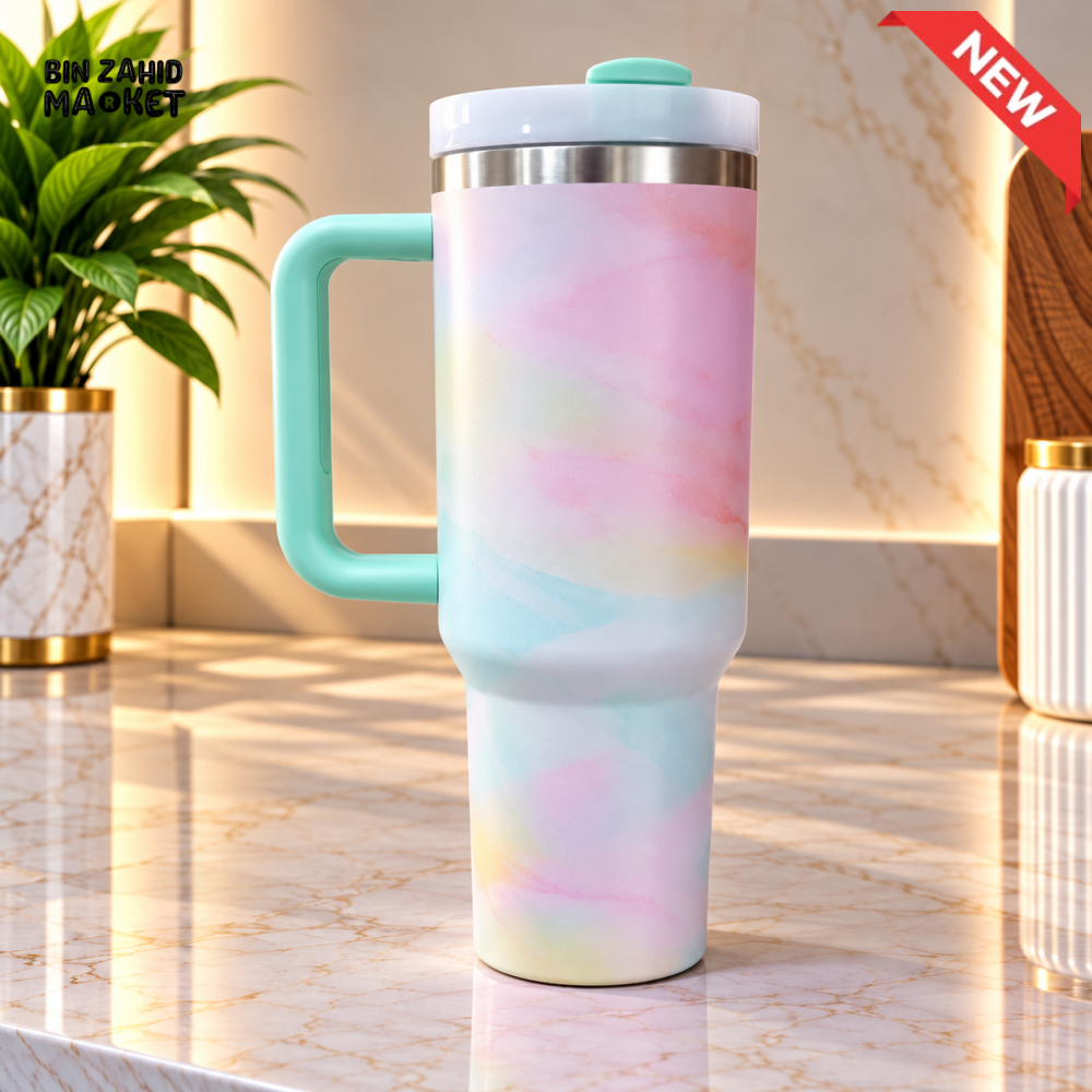 PASTEL MULTICOLOR STAINLESS STEEL INSULATED TRAVEL TUMBLER WITH MINT HANDLE 40OZ