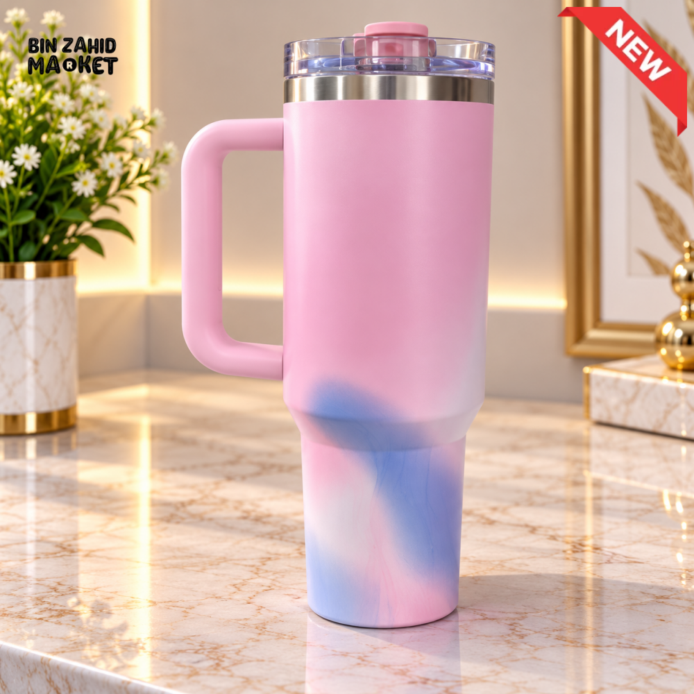 PASTEL PINK & BLUE STAINLESS STEEL INSULATED TRAVEL TUMBLER WITH HANDLE 40OZ