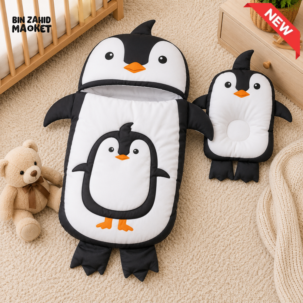 PENGUIN DESIGN COTTON POLYESTER BABY SLEEPING BAG WITH MATCHING PILLOW