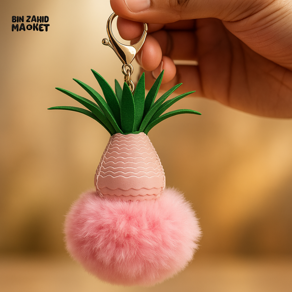 PINEAPPLE POM POM KEYCHAIN – FLUFFY BAG CHARM WITH METAL CLIP