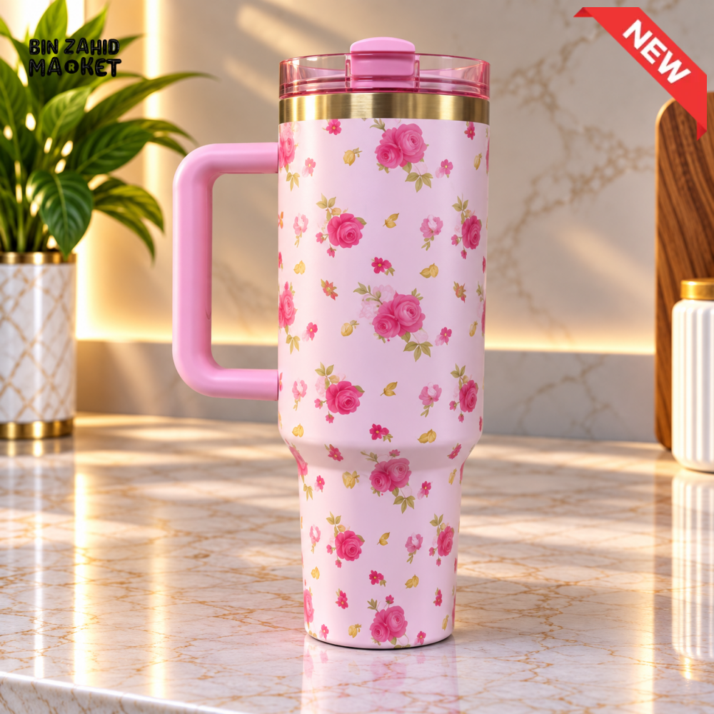 PINK FLORAL STAINLESS STEEL INSULATED TRAVEL TUMBLER WITH HANDLE 40OZ