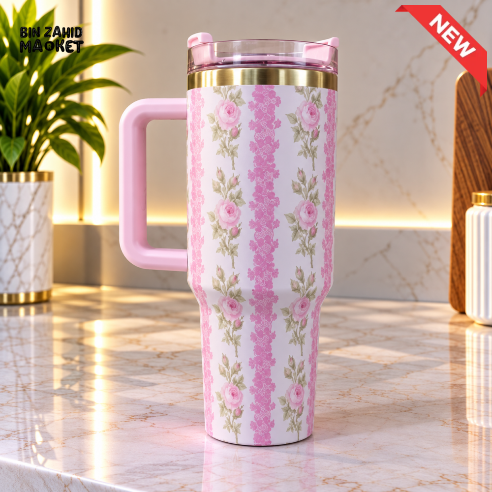 PINK FLORAL STAINLESS STEEL INSULATED TRAVEL TUMBLER WITH HANDLE 40OZ
