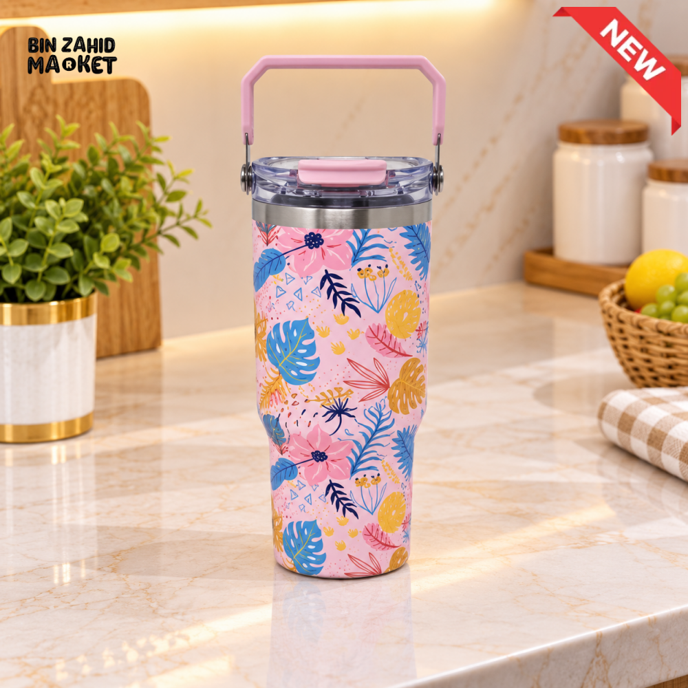 PINK TROPICAL FLORAL INSULATED TUMBLER WITH CARRY HANDLE - 900ML - Tumblers