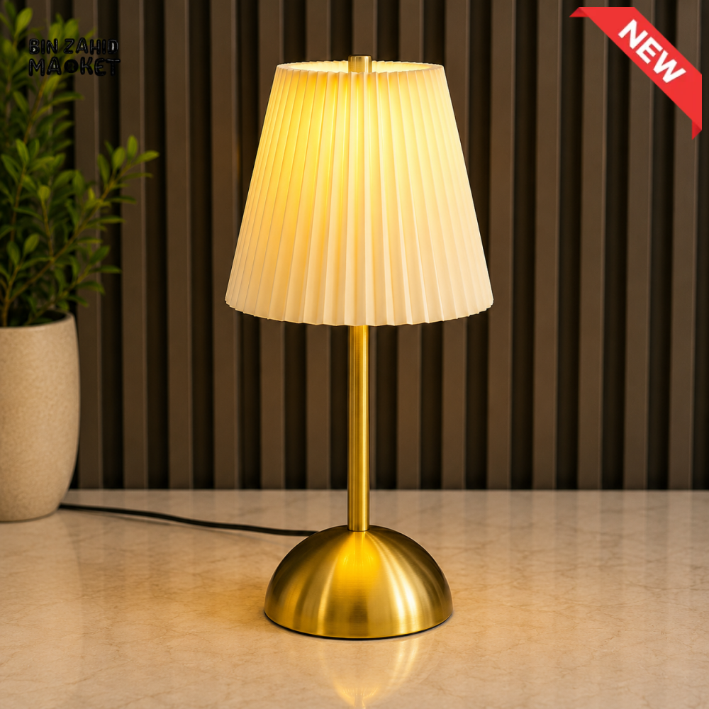 PLEATED SHADE LED TABLE LAMP WITH GOLDEN BASE