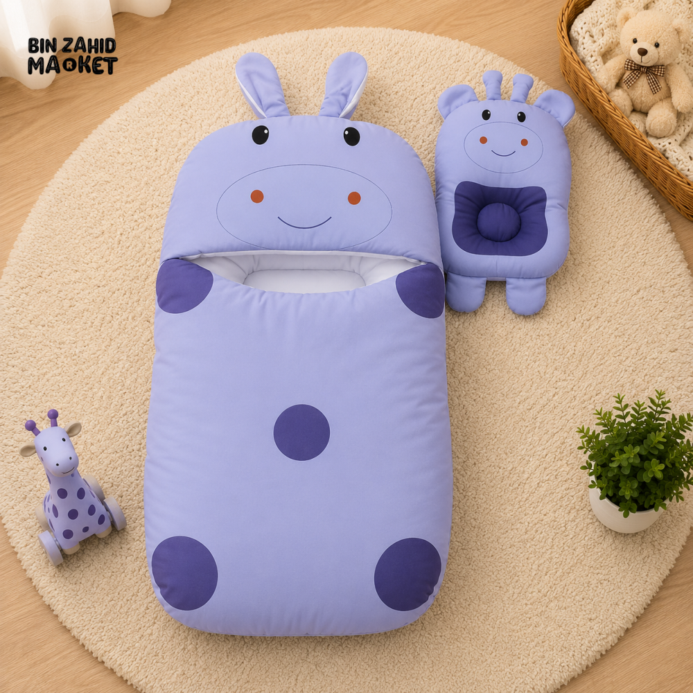 POLKA DOT GIRAFFE DESIGN COTTON POLYESTER BABY SLEEPING BAG WITH MATCHING PILLOW - BLUE