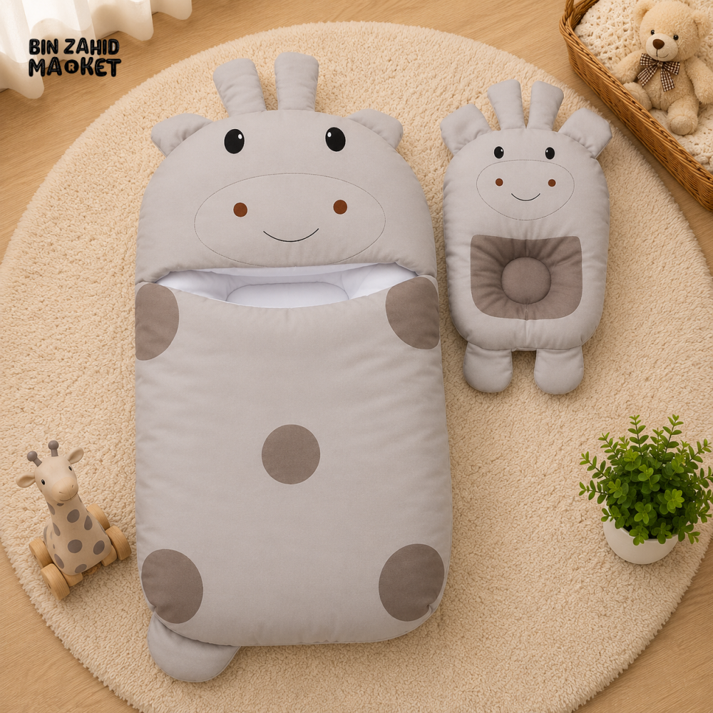 POLKA DOT GIRAFFE DESIGN COTTON POLYESTER BABY SLEEPING BAG WITH MATCHING PILLOW - GREY
