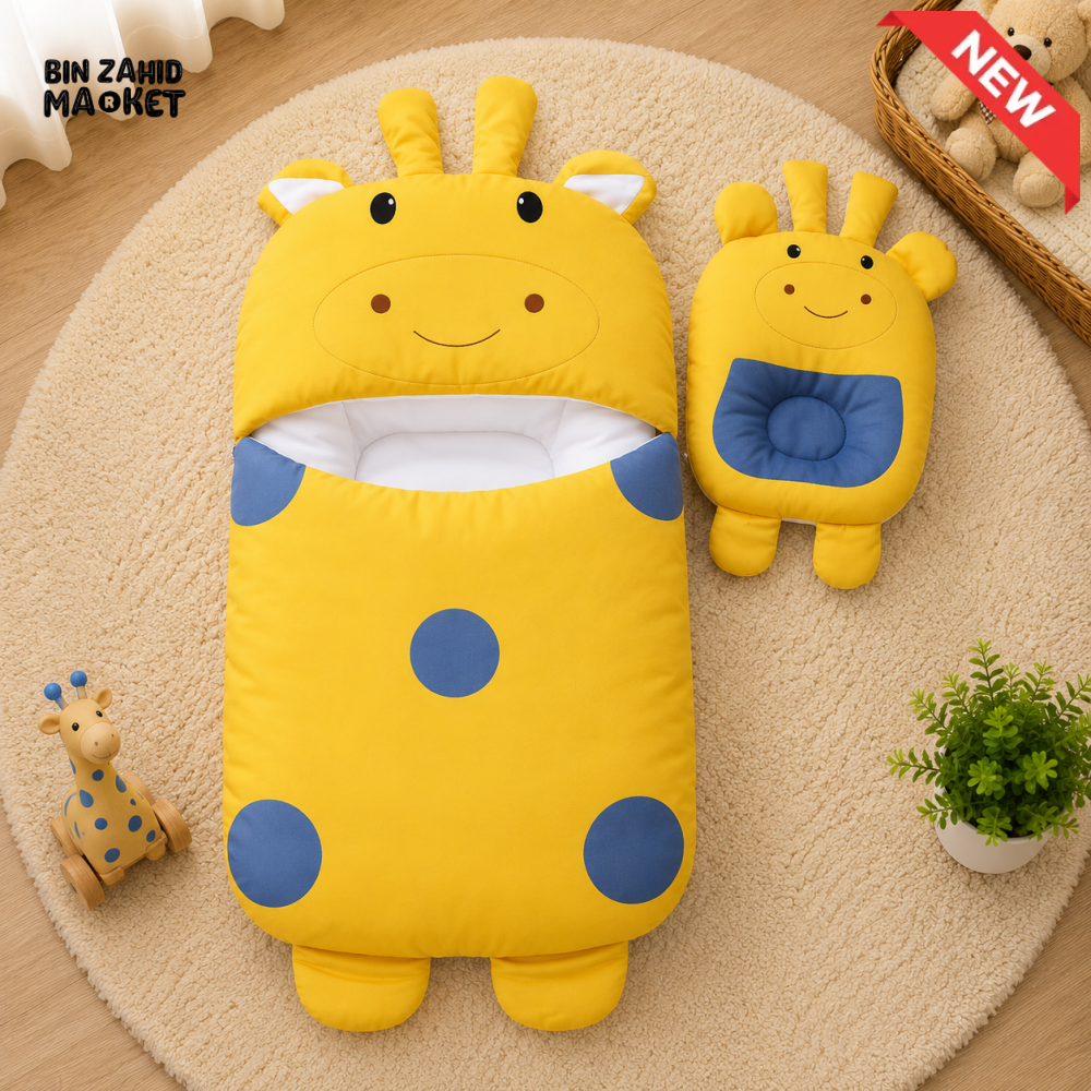 POLKA DOT GIRAFFE DESIGN COTTON POLYESTER BABY SLEEPING BAG WITH MATCHING PILLOW - YELLOW