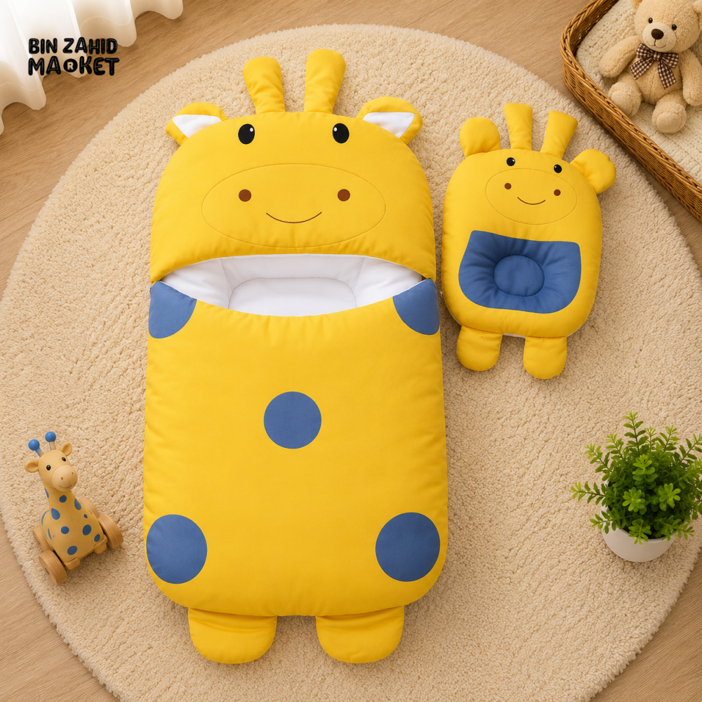 POLKA DOT GIRAFFE DESIGN COTTON POLYESTER BABY SLEEPING BAG WITH MATCHING PILLOW - YELLOW