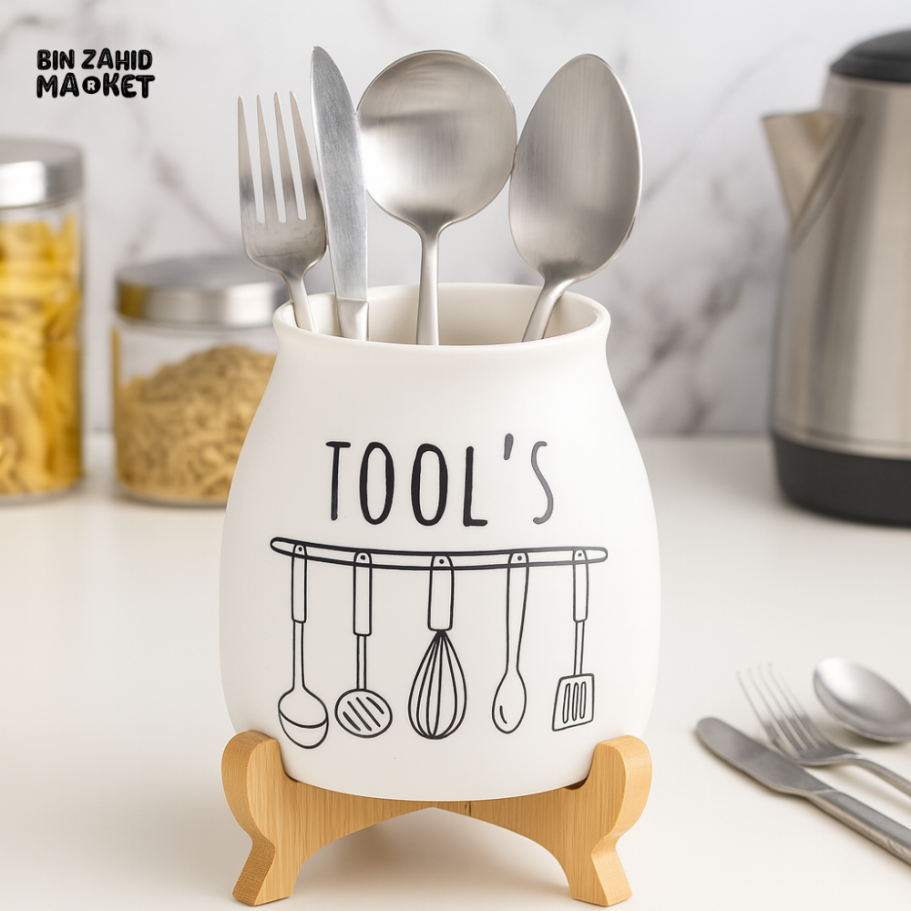 Porcelain Cutlery Holder With Bamboo Stand