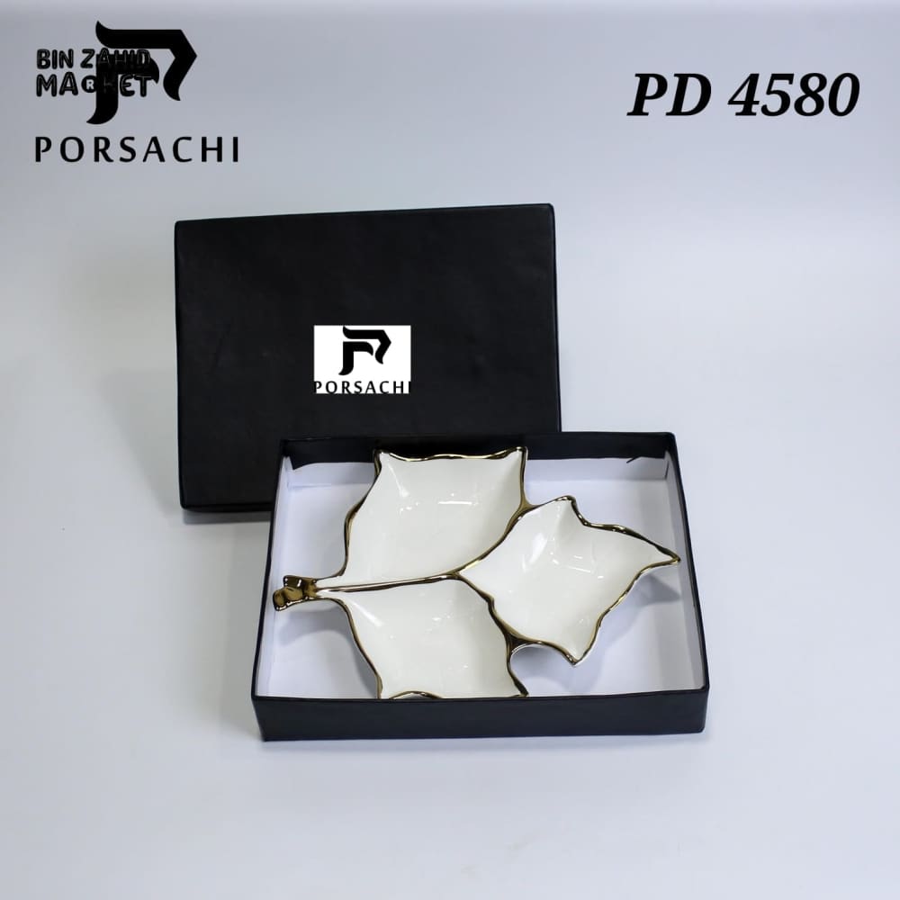 PORCELAIN LEAF-SHAPED SERVING DISH – 2 COMPARTMENTS GOLD-EDGED LUXURY DESIGN