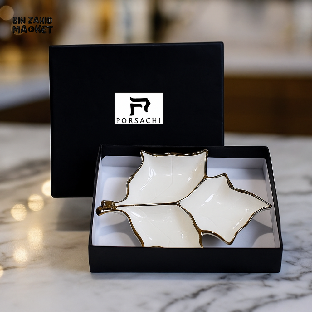 PORCELAIN LEAF-SHAPED SERVING DISH – 2 COMPARTMENTS GOLD-EDGED LUXURY DESIGN