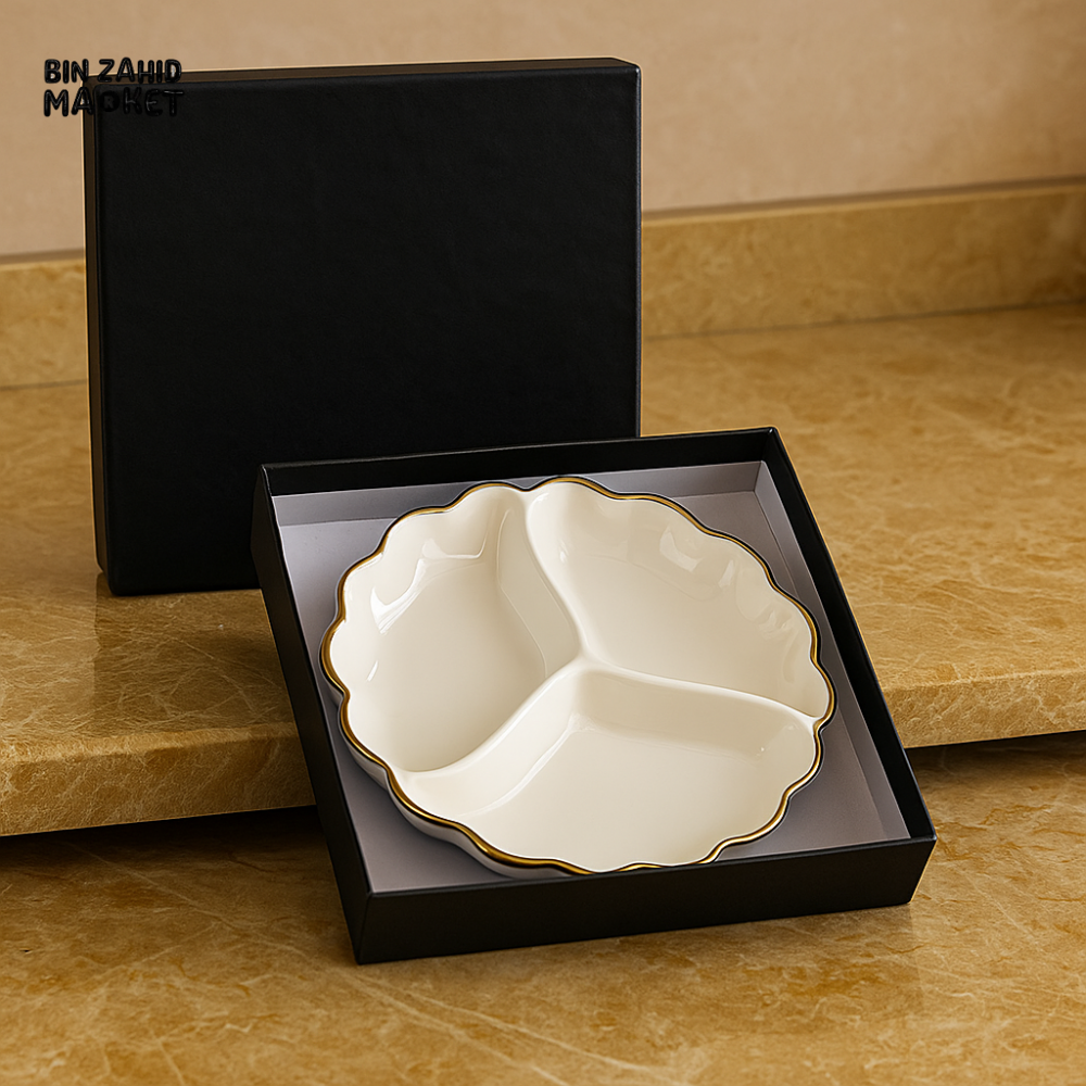 PORSACHI 3-SECTION PORCELAIN SERVING DISH – WHITE & GOLD SCALLOPED PLATE