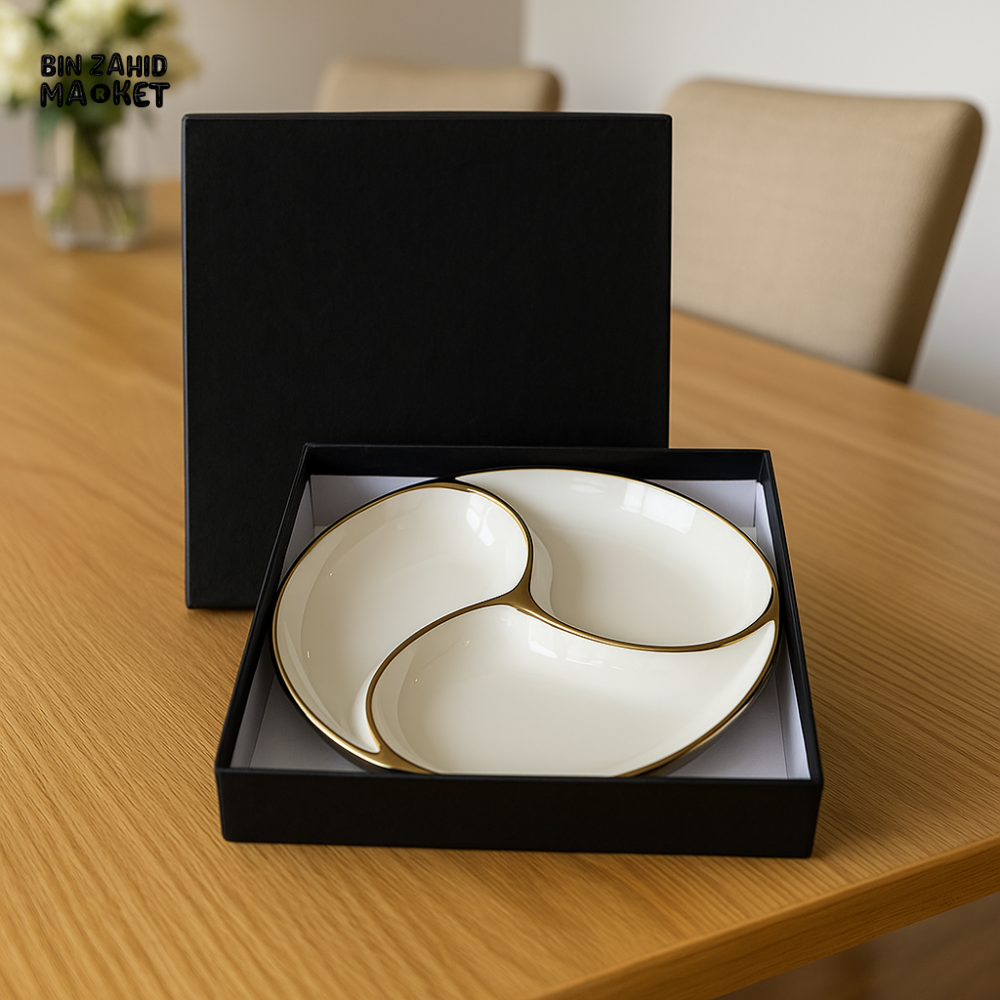 PORSACHI 3-SECTION PORCELAIN SERVING PLATE – WHITE & GOLD DIVIDED SNACK DISH