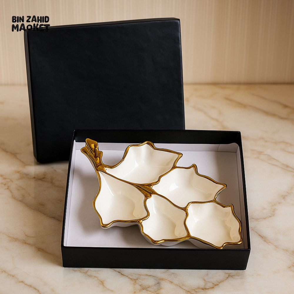 PORSACHI 4-SECTION LEAF SERVING DISH – WHITE & GOLD PORCELAIN PLATTER