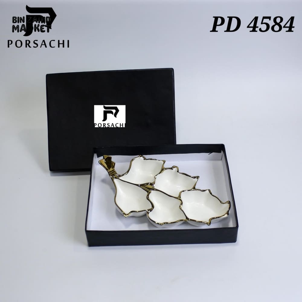 PORSACHI 4-SECTION LEAF SERVING DISH – WHITE & GOLD PORCELAIN PLATTER
