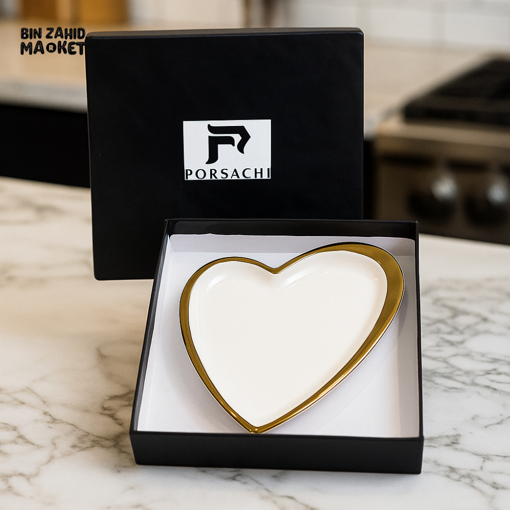PORSACHI HEART-SHAPED PORCELAIN SERVING PLATE – WHITE & GOLD LUXURY DISH