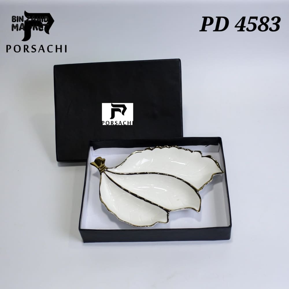 PORSACHI LEAF-SHAPED PORCELAIN SERVING PLATTER – WHITE & GOLD LUXURY DISH