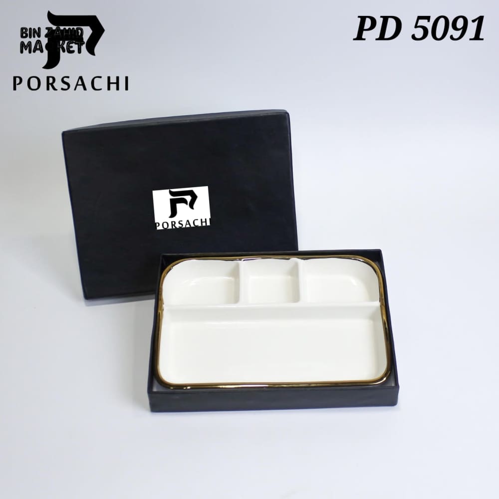 PORSACHI RECTANGULAR DIVIDED PORCELAIN SERVING TRAY – WHITE & GOLD 4-COMPARTMENT PLATTER