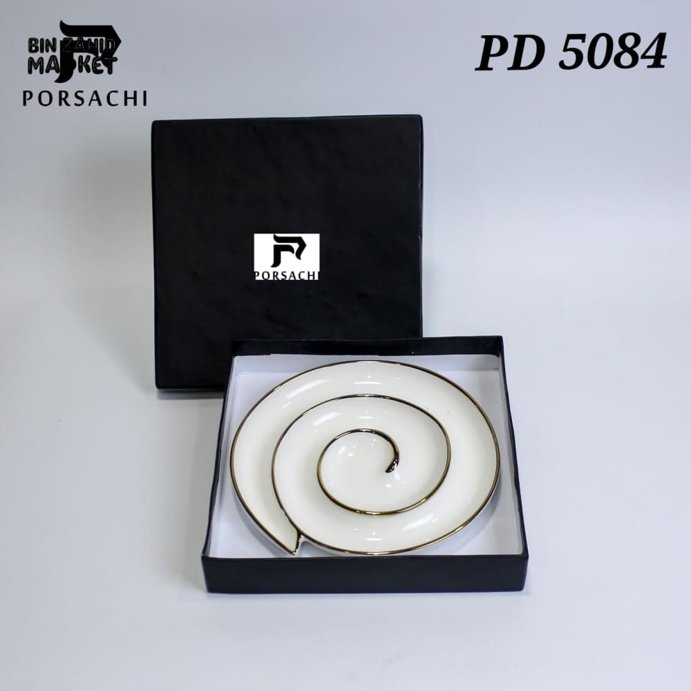PORSACHI SPIRAL PORCELAIN SERVING PLATE – WHITE & GOLD LUXURY SNACK PLATTER
