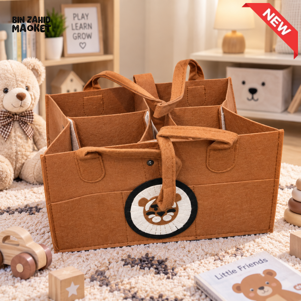 PORTABLE FELT DIAPER CADDY – CARTOON DESIGN FOLDABLE NURSERY ORGANIZER WITH HANDLES - BEAR - Baby Storage & Organization