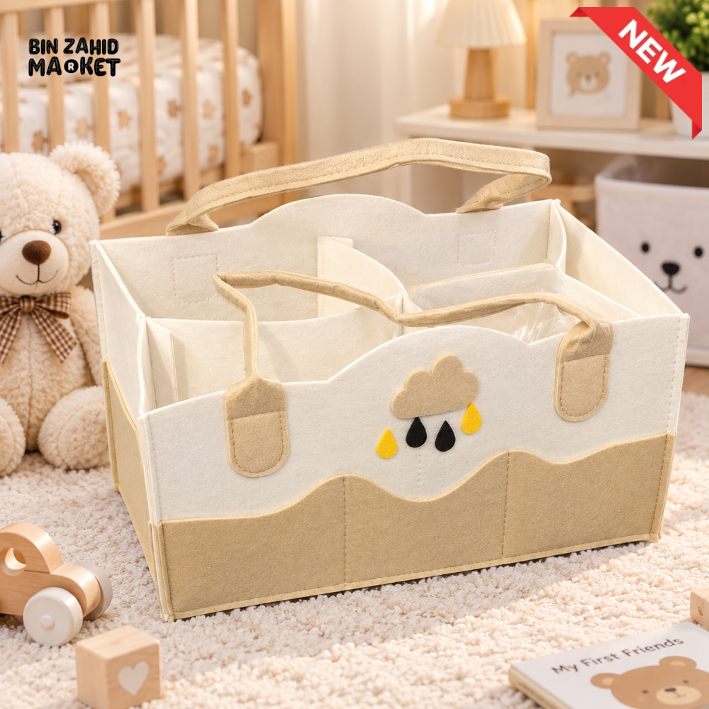 PORTABLE FELT DIAPER CADDY – CARTOON DESIGN FOLDABLE NURSERY ORGANIZER WITH HANDLES - CLOUD - Baby Storage &