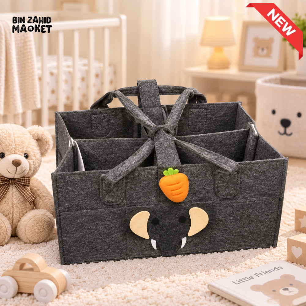 PORTABLE FELT DIAPER CADDY – CARTOON DESIGN FOLDABLE NURSERY ORGANIZER WITH HANDLES - ELEPHANT - Baby Storage &