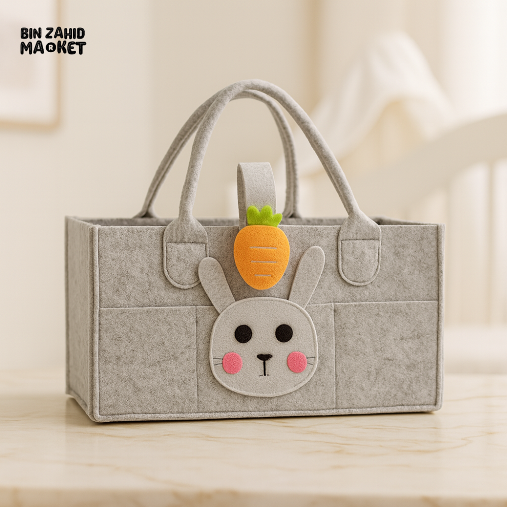 PORTABLE FELT DIAPER CADDY – CARTOON DESIGN FOLDABLE NURSERY ORGANIZER WITH HANDLES - RABBIT