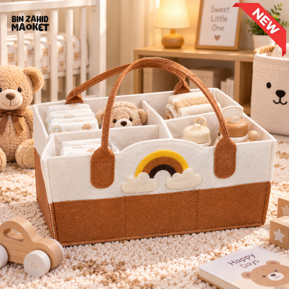 PORTABLE FELT DIAPER CADDY – CARTOON DESIGN FOLDABLE NURSERY ORGANIZER WITH HANDLES - RAINBOW - Baby Storage &