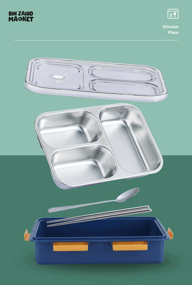 PORTABLE STAINLESS STEEL LUNCH BOX – DURABLE LINER WITH TABLEWARE PERFECT FOR CAMPING PICNICS & ON-THE-GO MEALS