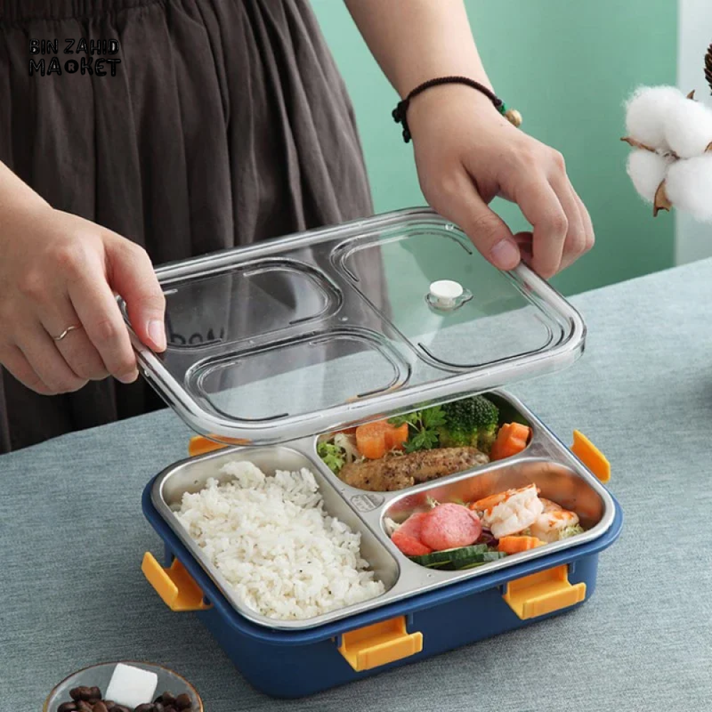 PORTABLE STAINLESS STEEL LUNCH BOX – DURABLE LINER WITH TABLEWARE PERFECT FOR CAMPING PICNICS & ON-THE-GO MEALS