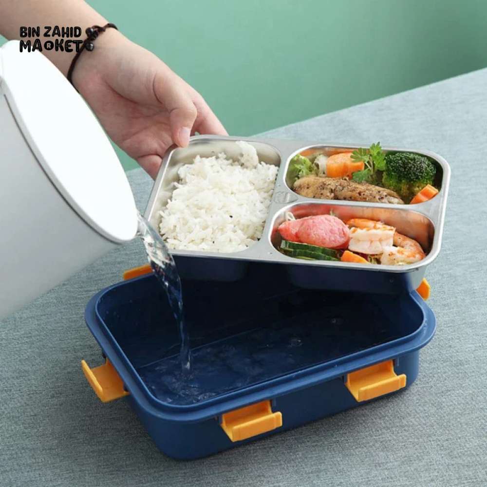 PORTABLE STAINLESS STEEL LUNCH BOX – DURABLE LINER WITH TABLEWARE PERFECT FOR CAMPING PICNICS & ON-THE-GO MEALS