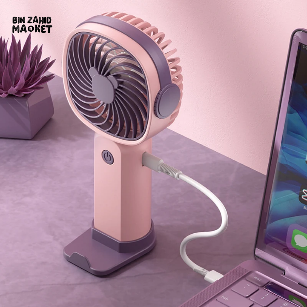 PORTABLE USB RECHARGEABLE MINI FAN WITH PHONE HOLDER FAST CHARGING HANDHELD FAN FOR TRAVEL OFFICE & STUDENTS