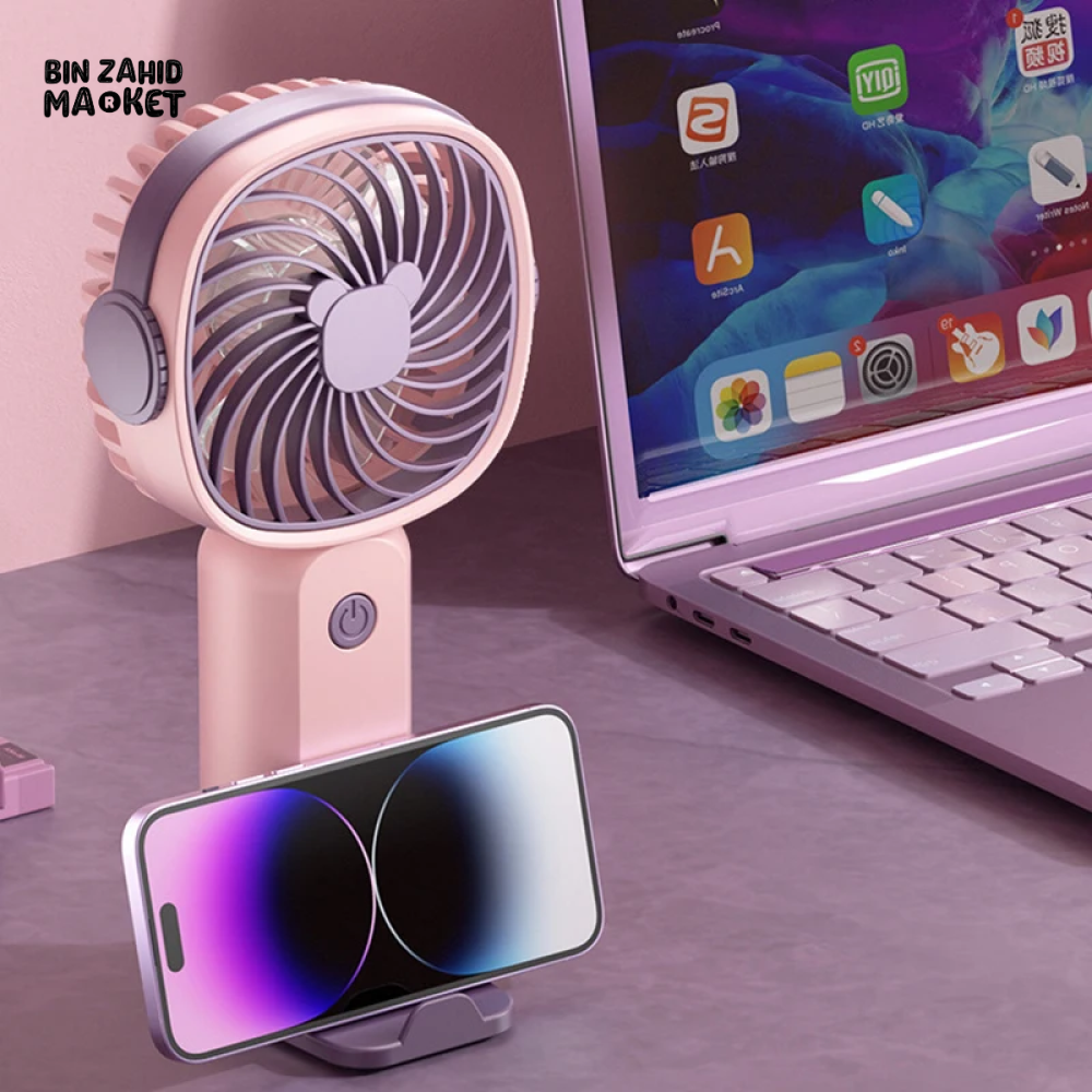 PORTABLE USB RECHARGEABLE MINI FAN WITH PHONE HOLDER FAST CHARGING HANDHELD FAN FOR TRAVEL OFFICE & STUDENTS