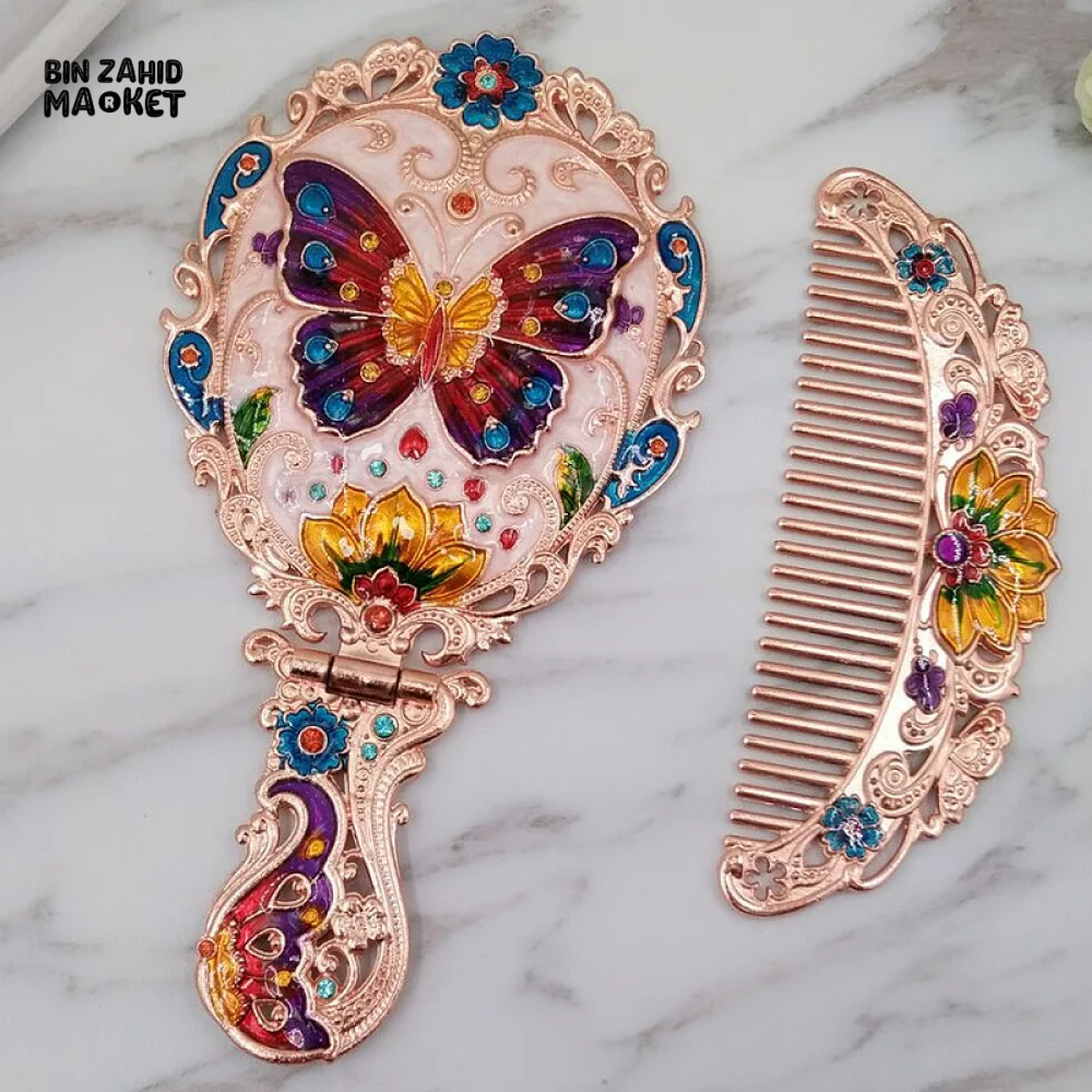 PORTABLE VINTAGE HANDLE MIRROR SET 3D MAKEUP MIRROR WITH COMB & GIFT BOX RANDOM DESIGN