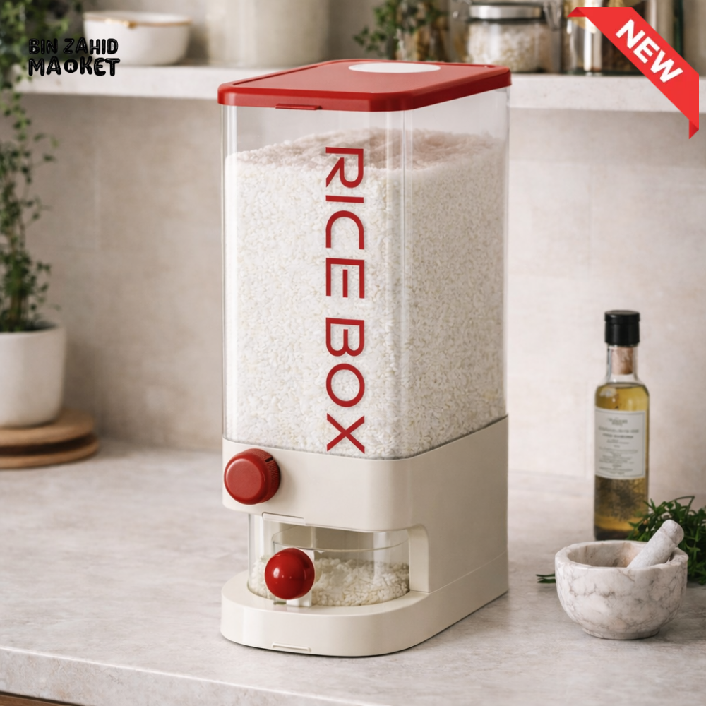 PRACTICAL PUSH-DISPENSER RICE STORAGE BOX AIRTIGHT INSECT-PROOF & MOISTURE-RESISTANT GRAIN CONTAINER - 10 KG