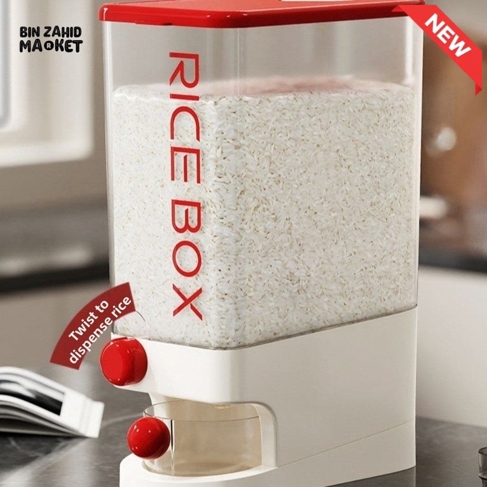 PRACTICAL PUSH-DISPENSER RICE STORAGE BOX AIRTIGHT INSECT-PROOF & MOISTURE-RESISTANT GRAIN CONTAINER - 10 KG