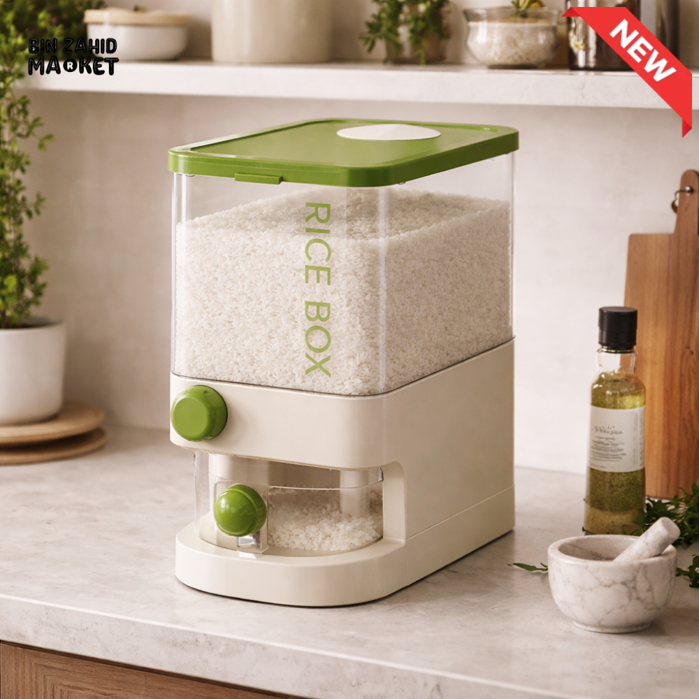 PRACTICAL PUSH-DISPENSER RICE STORAGE BOX AIRTIGHT INSECT-PROOF & MOISTURE-RESISTANT GRAIN CONTAINER - 10 KG