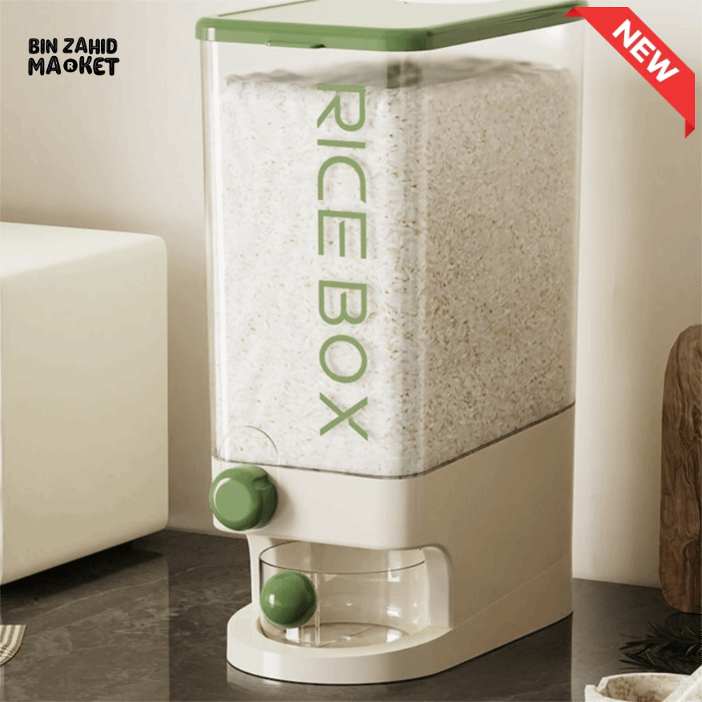 PRACTICAL PUSH-DISPENSER RICE STORAGE BOX AIRTIGHT INSECT-PROOF & MOISTURE-RESISTANT GRAIN CONTAINER - 5 KG