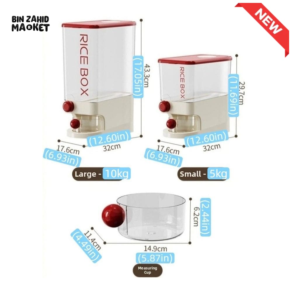 PRACTICAL PUSH-DISPENSER RICE STORAGE BOX AIRTIGHT INSECT-PROOF & MOISTURE-RESISTANT GRAIN CONTAINER - 5 KG