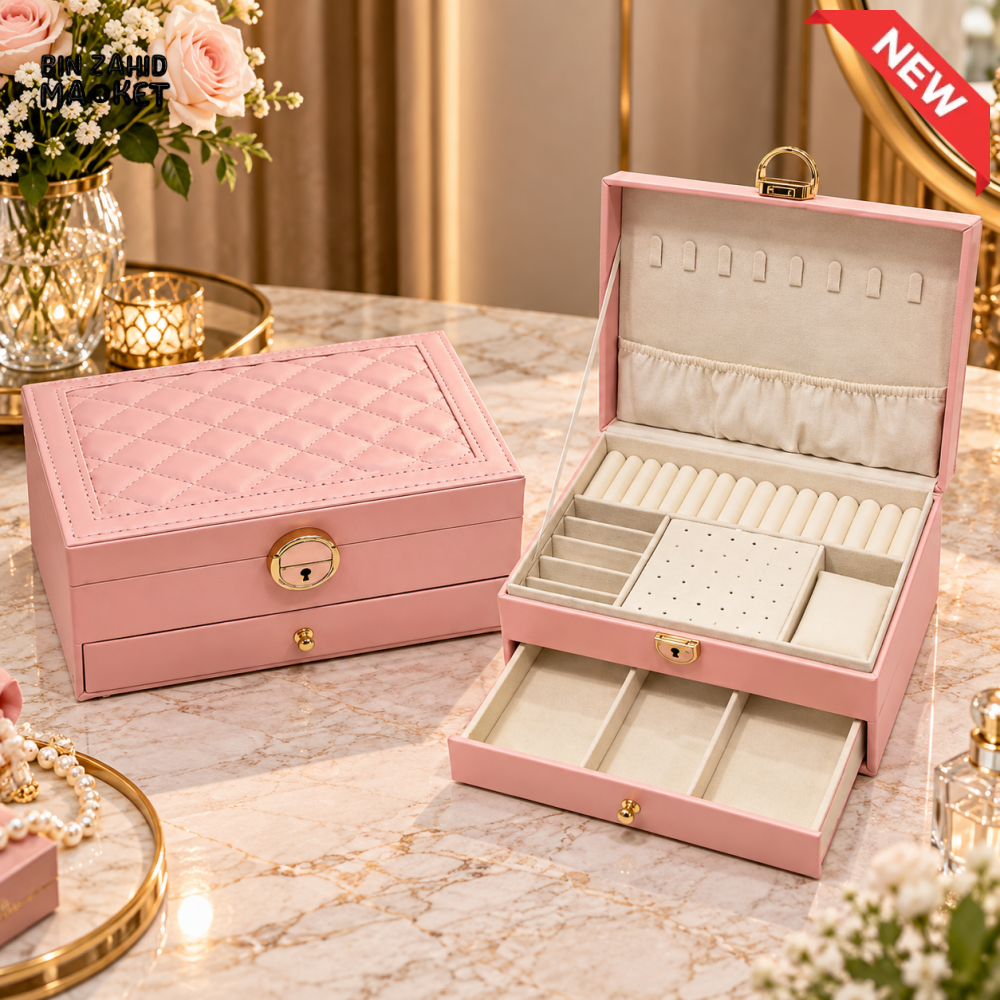 PREMIUM 2-LAYER PINK JEWELRY ORGANIZER BOX WITH DRAWER & LOCK