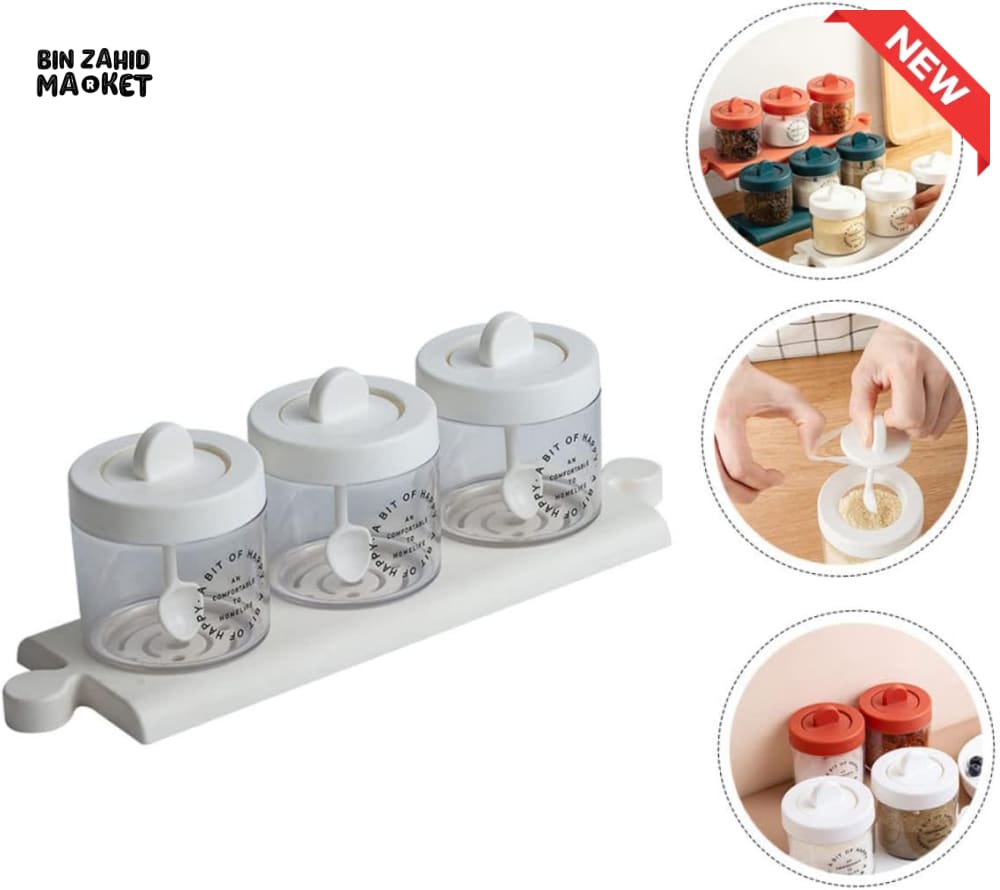 PREMIUM 3-PIECE SPICE JAR SET WITH TRAY & SPOONS