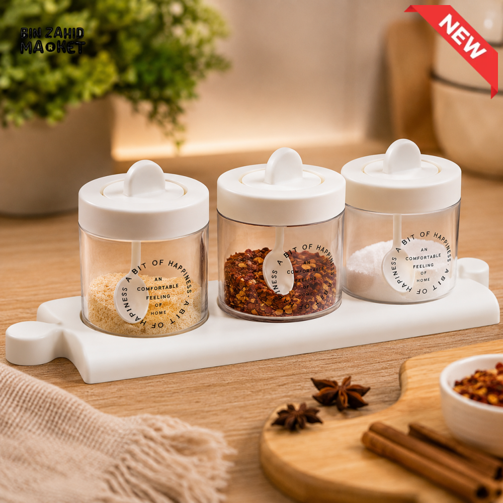 PREMIUM 3-PIECE SPICE JAR SET WITH TRAY & SPOONS