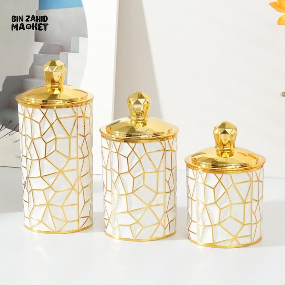 PREMIUM 3 PIECES LUXURY CANISTERS – CERAMIC MOSAIC JARS WITH GOLD LIDS FOR HOME ORGANIZATION