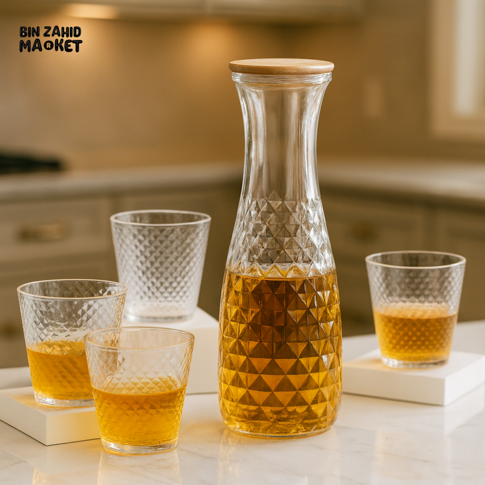PREMIUM 7 PIECES WATER JUG SET – DIAMOND TEXTURE WOOD LID 6 GLASSES